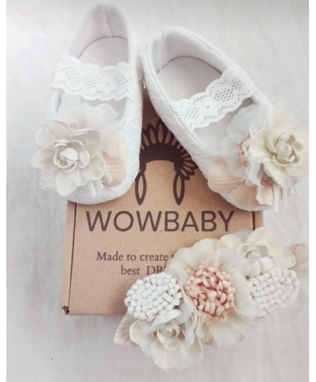Set Mercedita Ceremonia y Diadema Marfil Flores-WowBaby