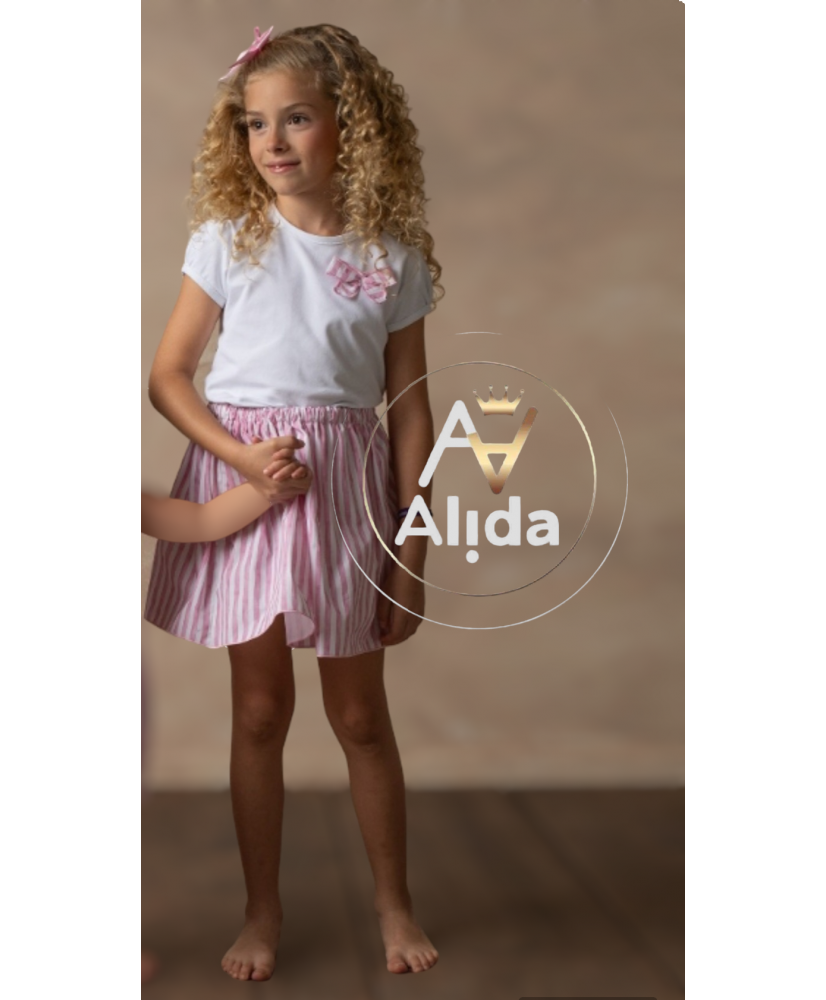 Conjunto Niña Falda y Camiseta" Familia Rayas Rosa"