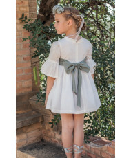 Vestido plumeti blanco cinturón verde kaki-Coco Ceremonia