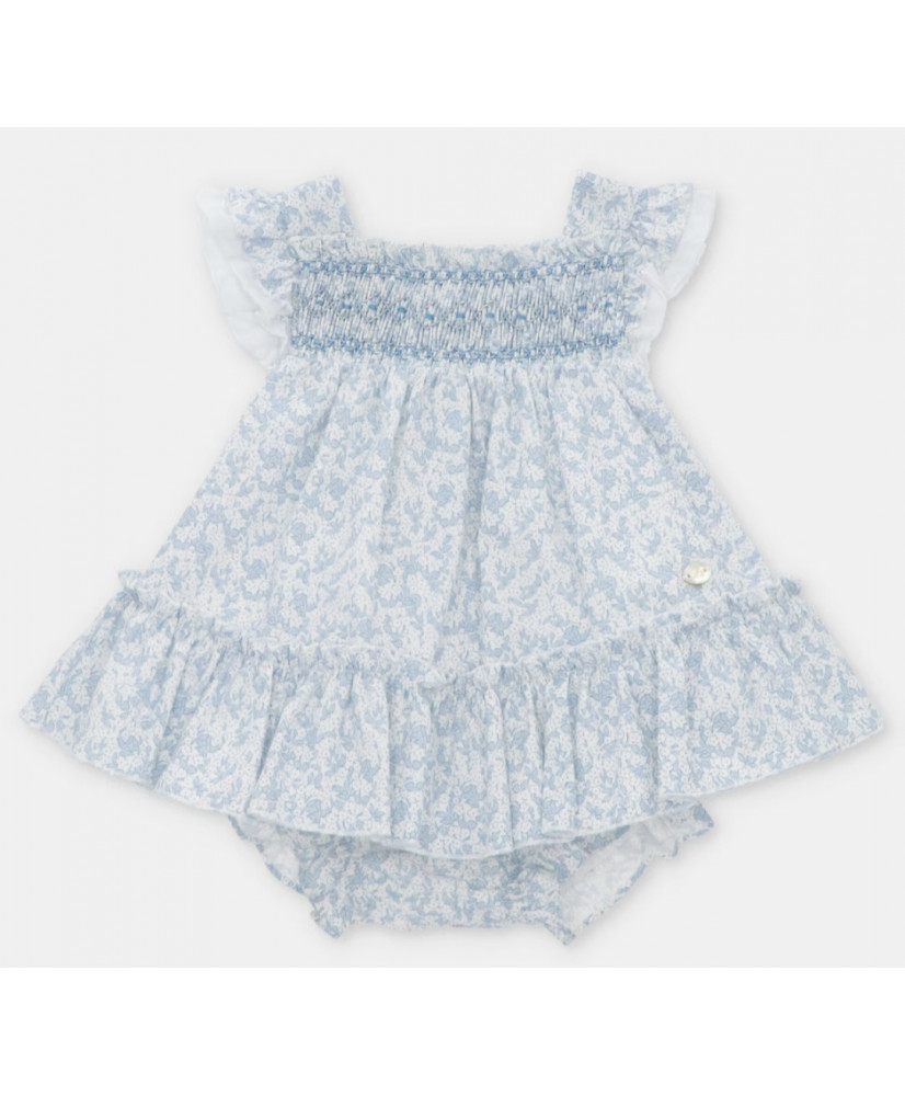 Conjunto de bebé niña de vestido y cubrepañal microestampado floral en azul Oceano-Martín Aranda