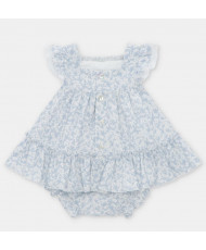 Conjunto de bebé niña de vestido y cubrepañal microestampado floral en azul Oceano-Martín Aranda