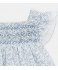 Conjunto de bebé niña de vestido y cubrepañal microestampado floral en azul Oceano-Martín Aranda