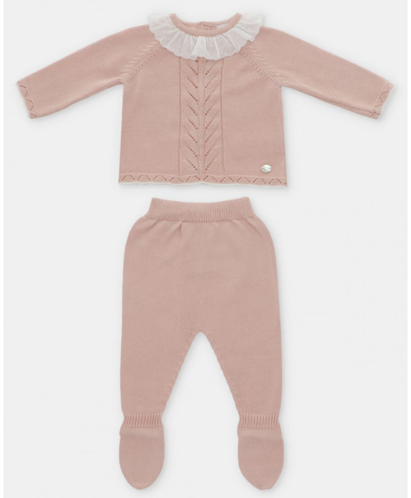 Conjunto de bebé niña de jubón y polaina de punto en rosa empolvado-Martín Aranda