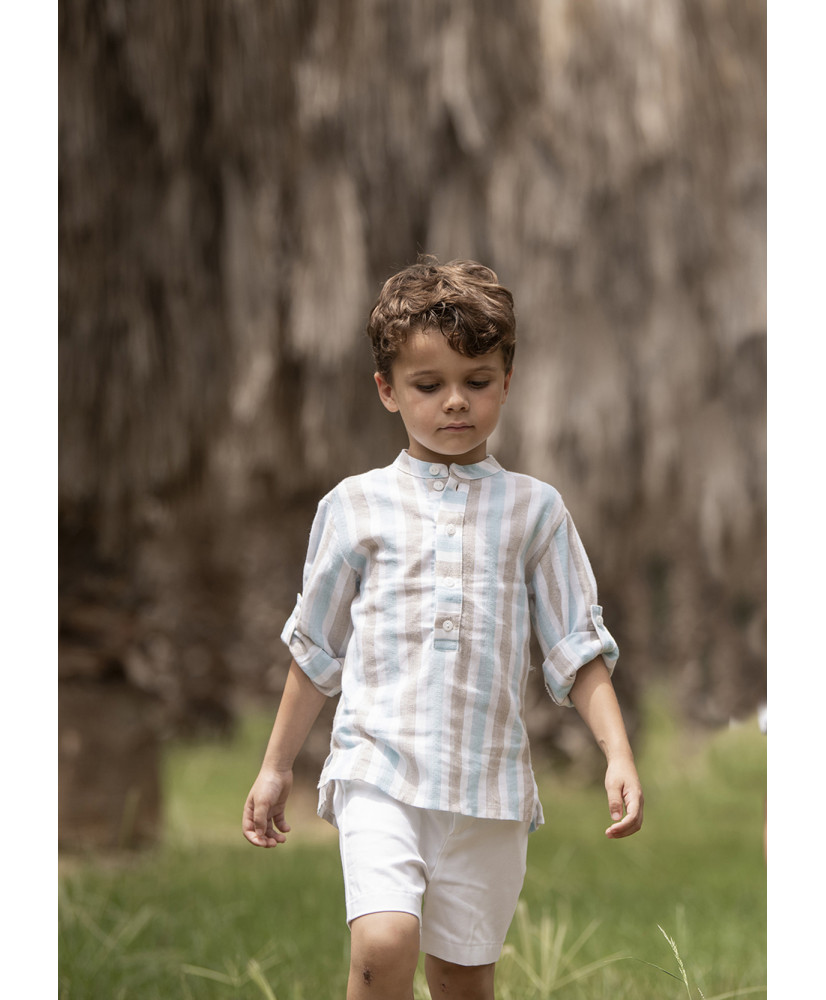 Conjunto Camisa Rayas Turquesa+Bermuda Blanca Niño-Coco Acqua