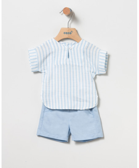 Bermuda + Blusa Rayas Celeste Bebé Niño-Coco Acqua