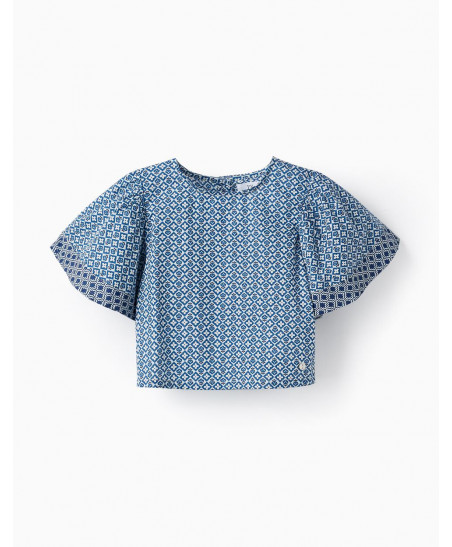 Camiseta De Algodón Con Estampado Para Niña 'Cropped', Azul/Blanco-Zippy