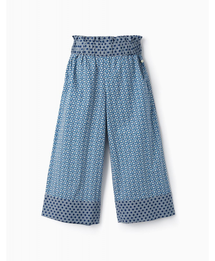 Pantalones De Talle Alto Con Estampado Para Niña 'Wide Leg', Azul/Blanco-Zippy