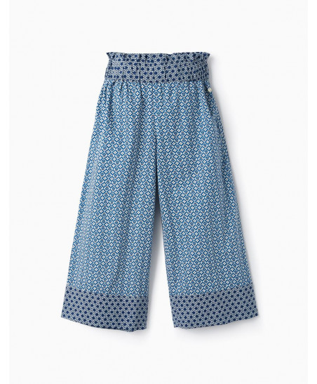Pantalones De Talle Alto Con Estampado Para Niña 'Wide Leg', Azul/Blanco-Zippy