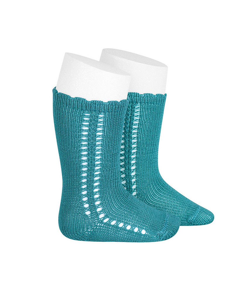 Calcetines altos de perlé con calado lateral AZUL PIEDRA-Cóndor