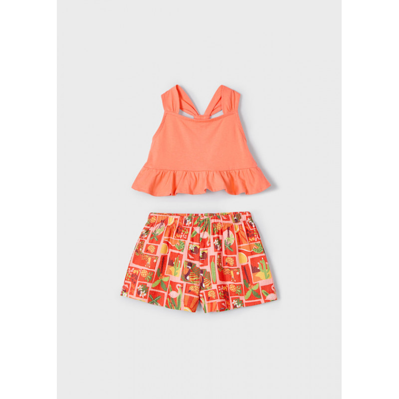 Conjunto pantalón corto estampado y camiseta niña mandarina-Mayoral