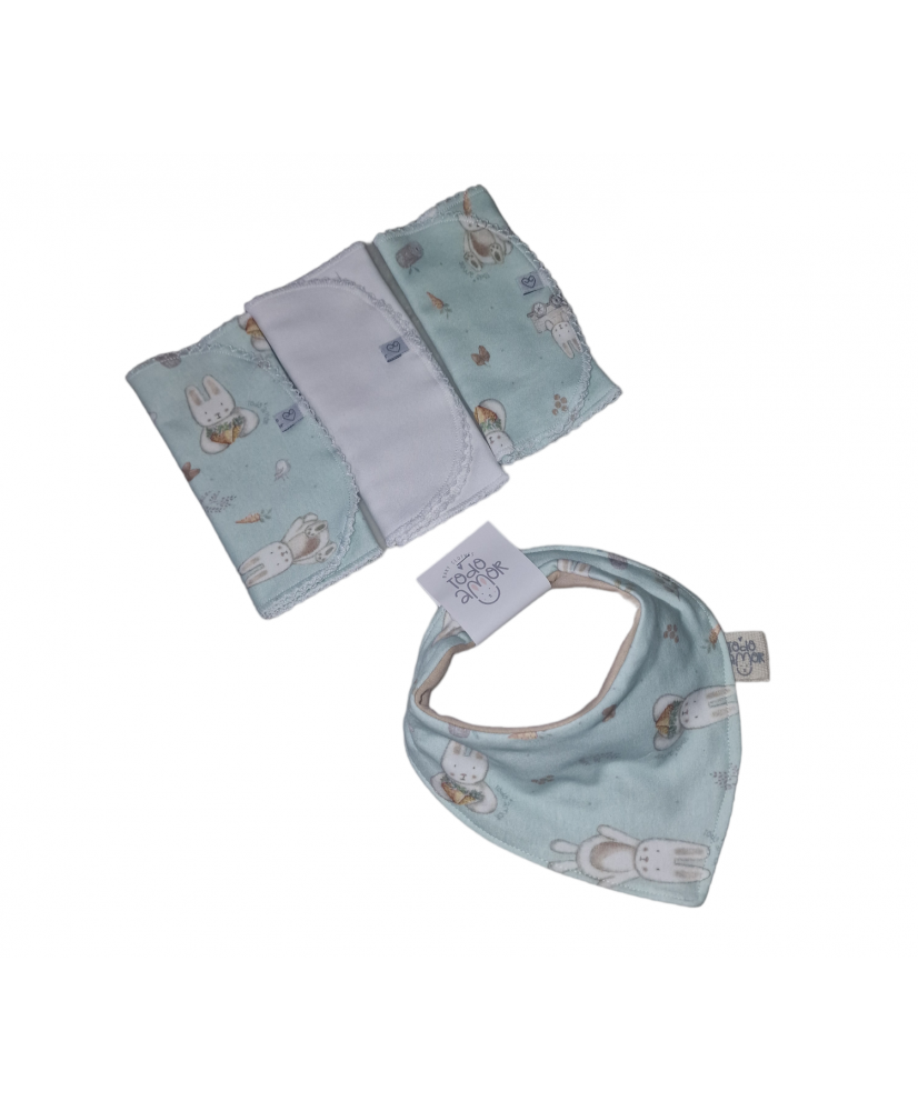 Set Babero Bandana Reversible+Tres Babitas Amore Aqua- Todo Amor Baby