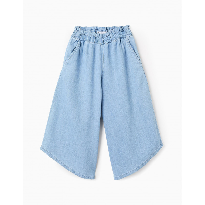 Pantalón Vaquero Cintura Paperbag para Niña 'Wide Leg', Azul Claro-Zippy