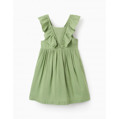 Vestido de Viscose, Algodón y Lino con Volantes para Niña, Verde-Zippy